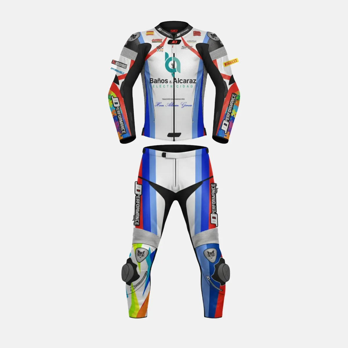 JD Men's Two-Piece Race Suit – White, Blue & Red