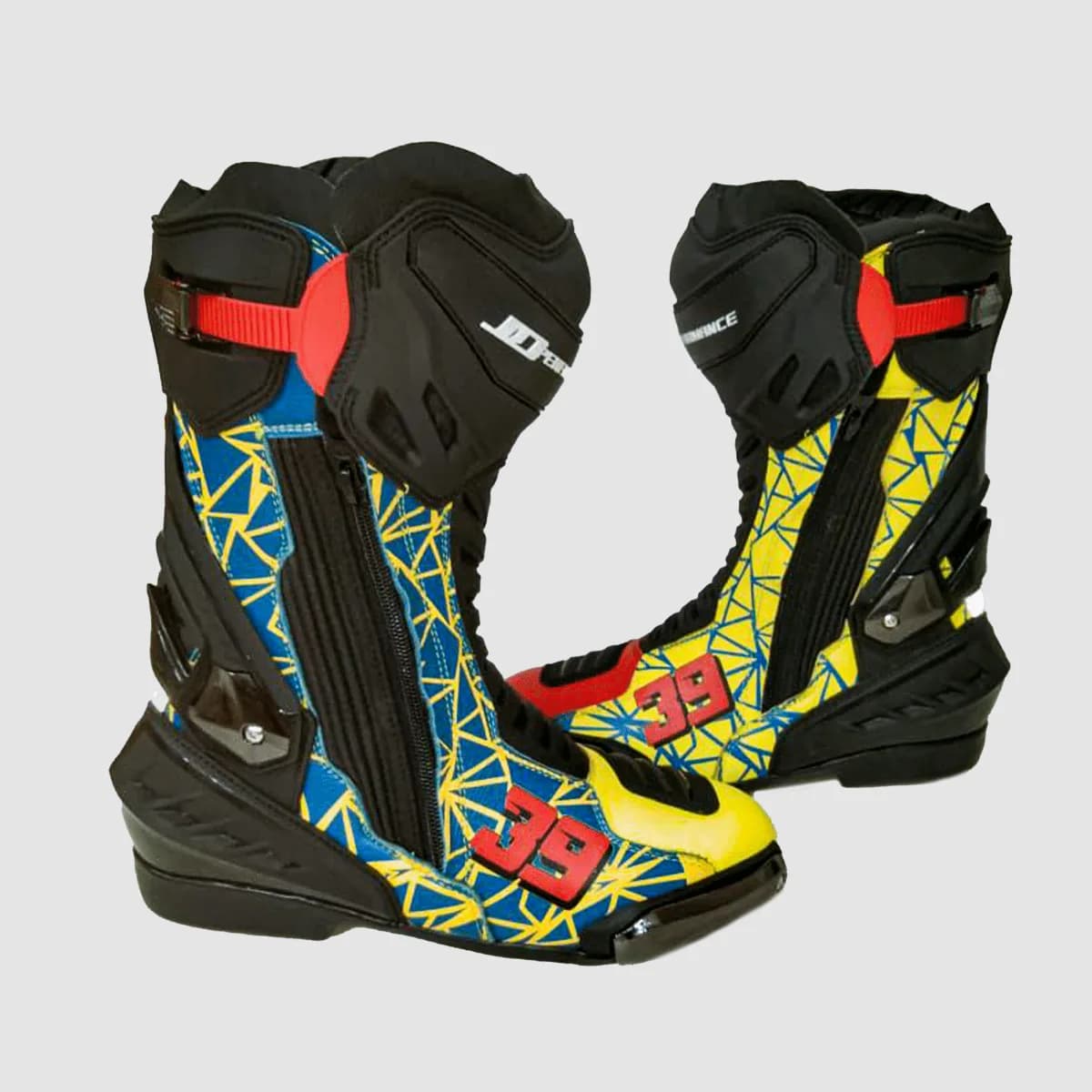 JD Performance Race Boots – Blue, Yellow & Red Geometric