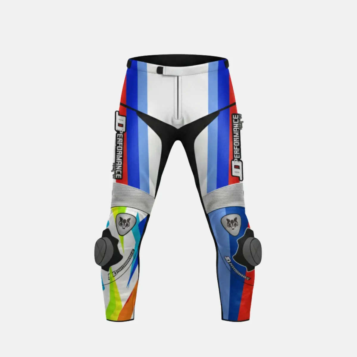 JD Men's Leather Race Pants – White, Blue & Red